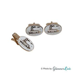 Vintage Riverboat Steamboat Cufflinks & Tie Bar Set Gold Tone, 1960s